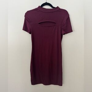 No Boundaries Burgundy Ribbed Bodycon Cut-out High-Neck Mini Dress